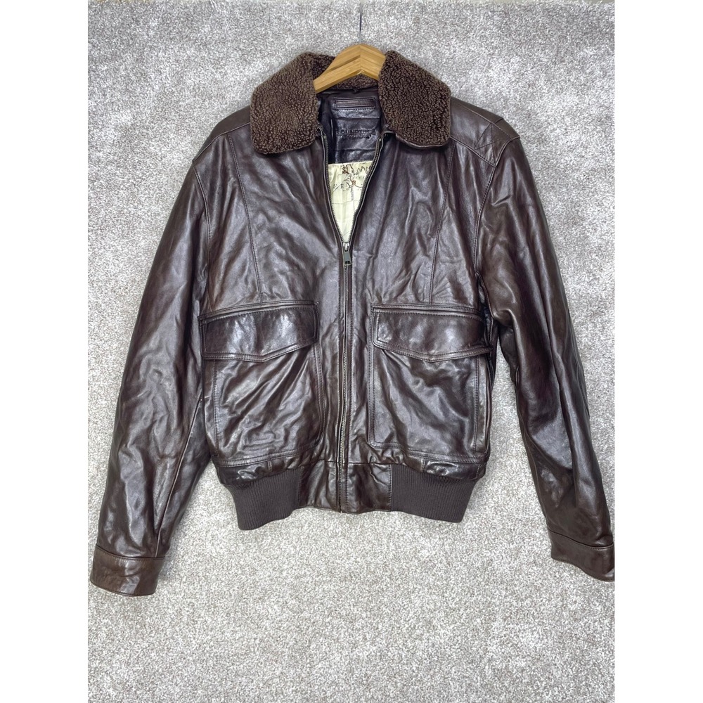 Roundtree & Yorke Lambskin Leather Bomber Jacket Mens S Brown Aviator Fur Moto